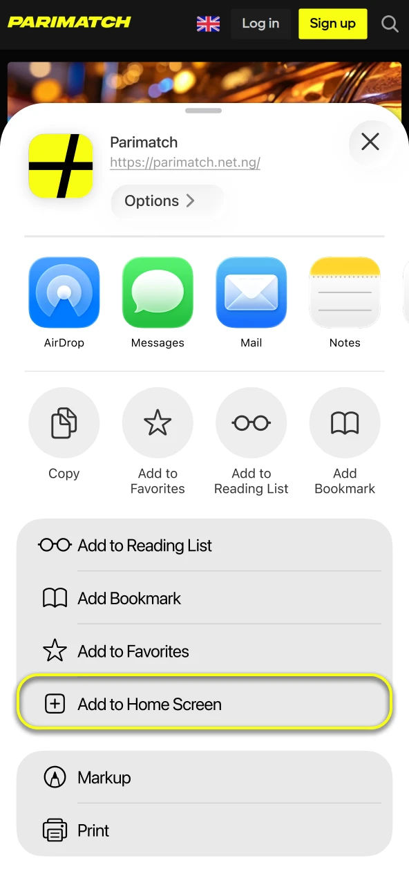 Add the Parimatch website shortcut to your home screen easily.