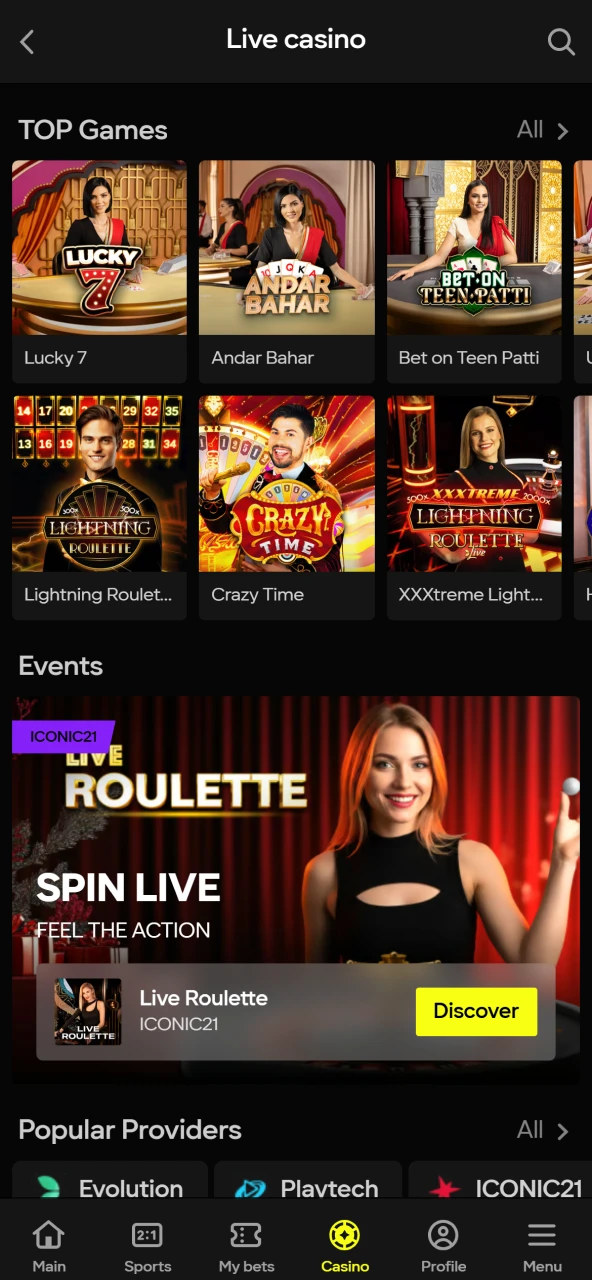 Casino section interface with popular games on the official Parimatch platform.