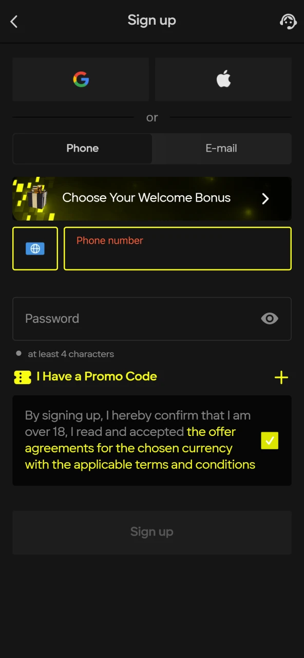 Registration process screen on the official Parimatch website account creation.