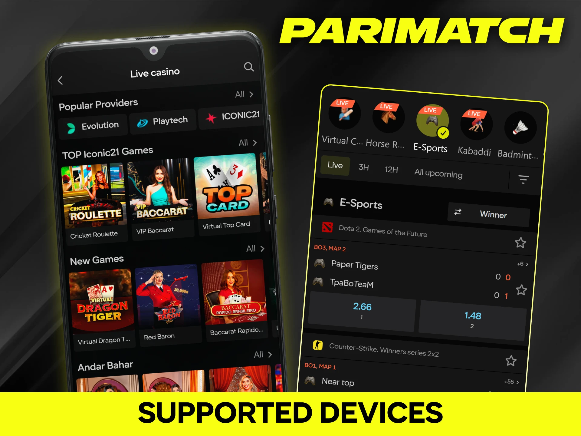 Supported devices section showing desktop and mobile access on Parimatch platform.