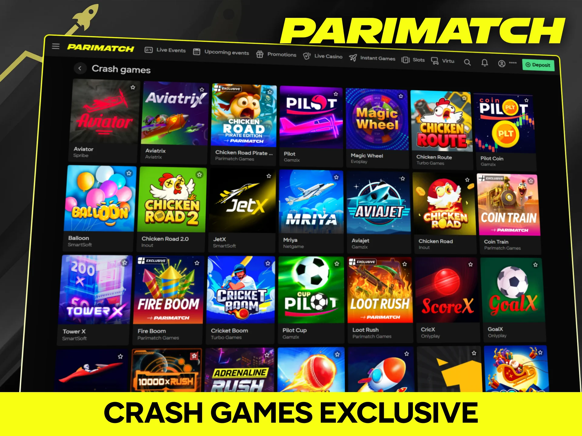 Play exclusive Parimatch crash games with fast rounds and instant wins.