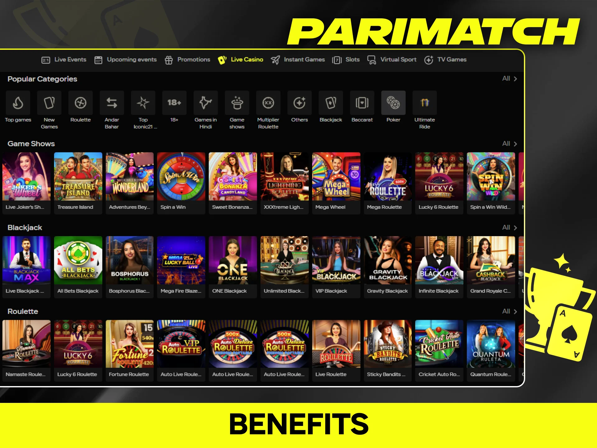 Parimatch features live casino games from top providers like Evolution and Ezugi.