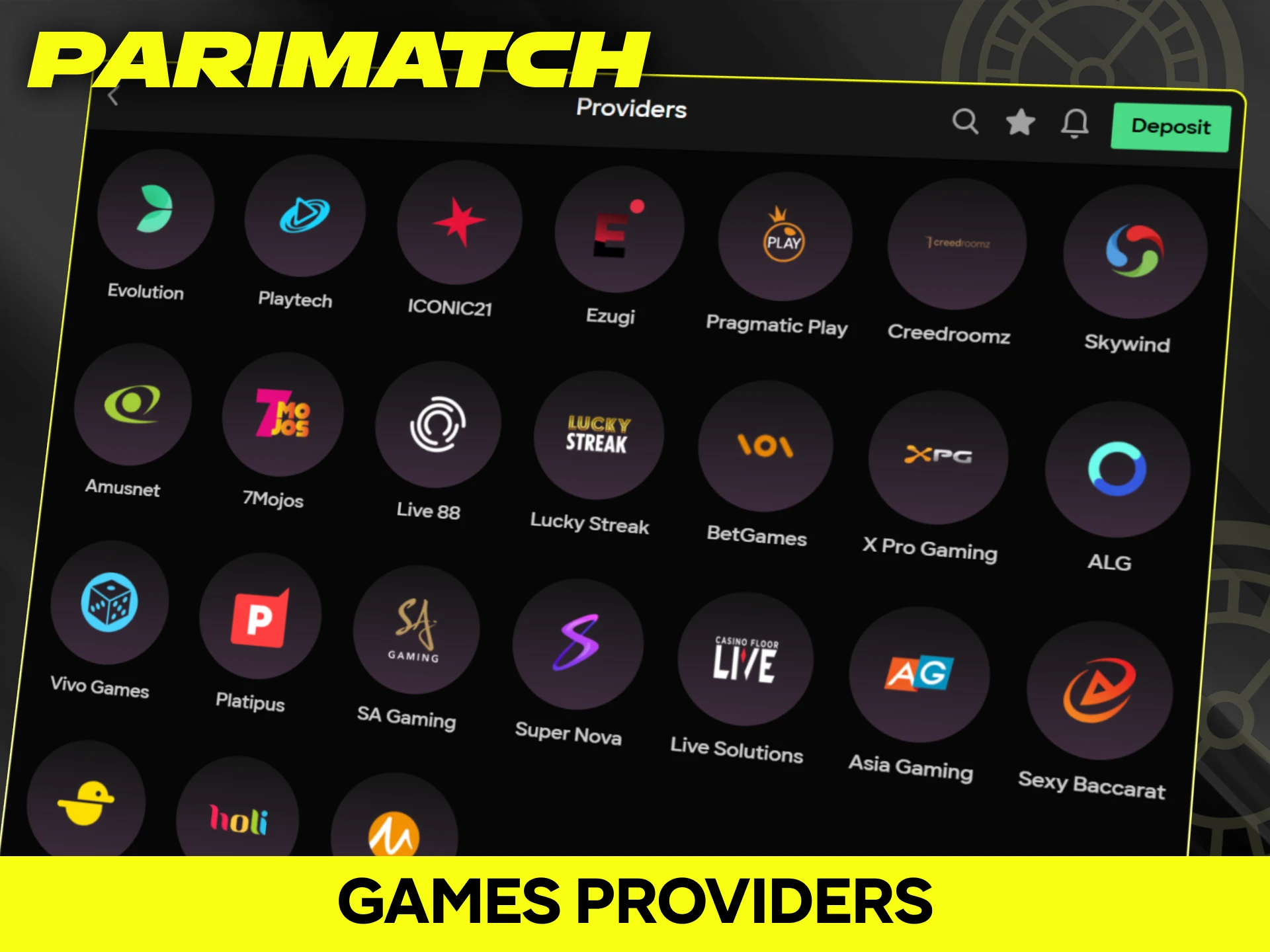 Parimatch features live casino games from top providers like Evolution and Ezugi.