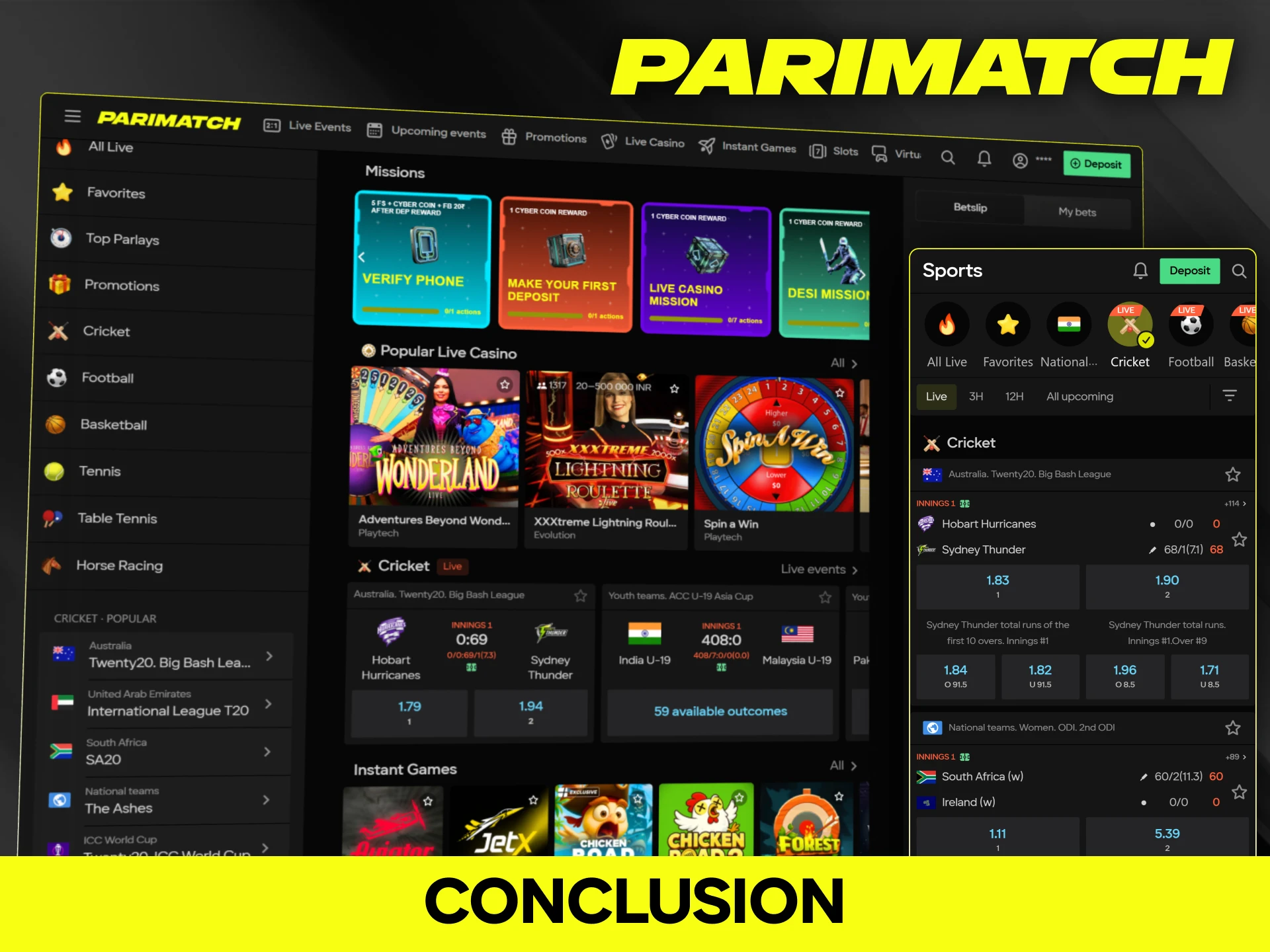 Summary of key benefits and features available on the Parimatch platform.