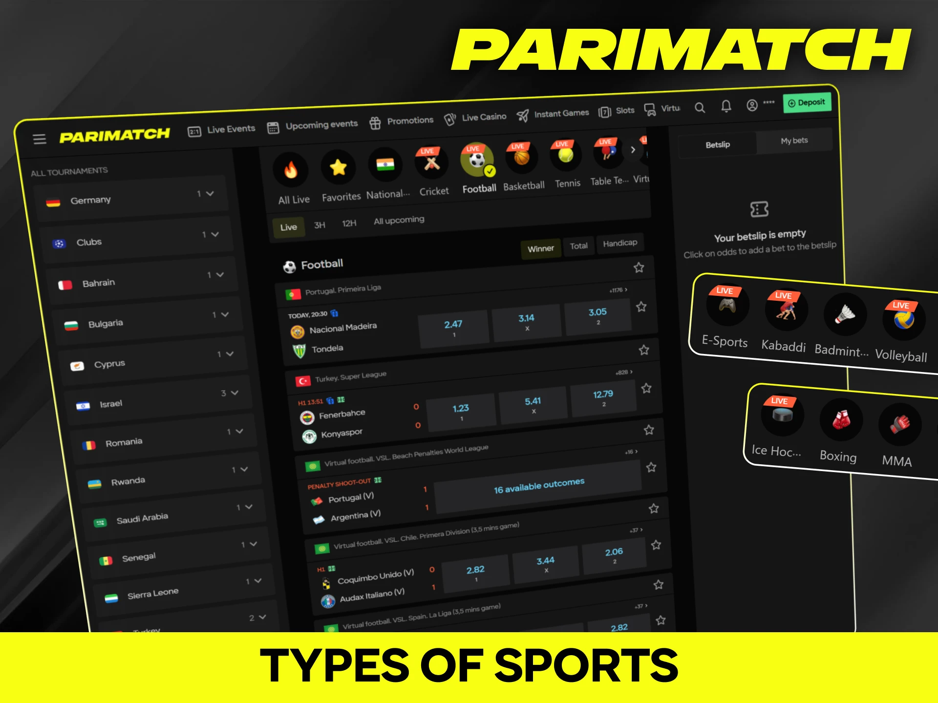 Explore various sports and betting markets on the official Parimatch platform.