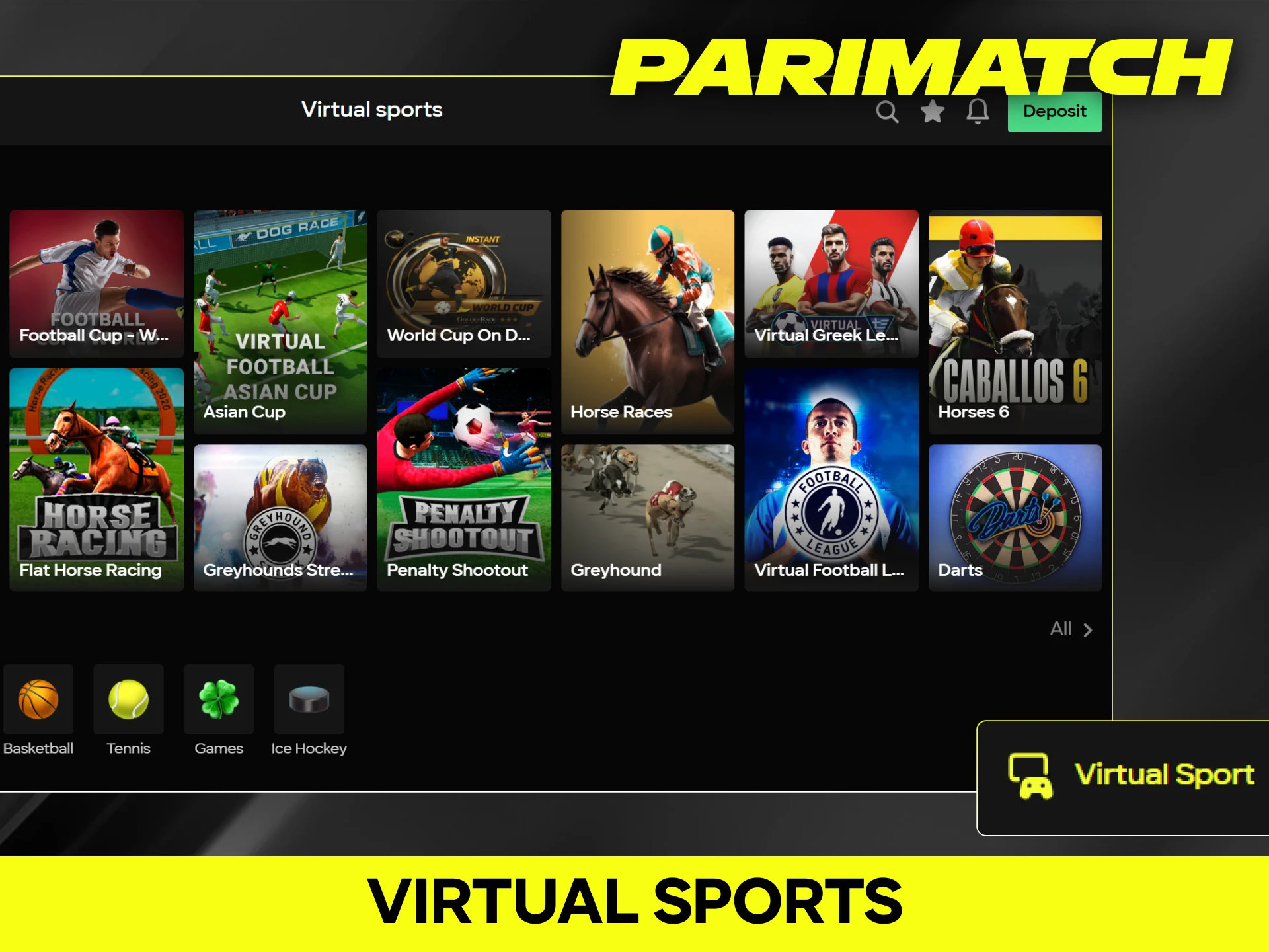 Bet on fast-paced virtual sports with official Parimatch odds and outcomes.