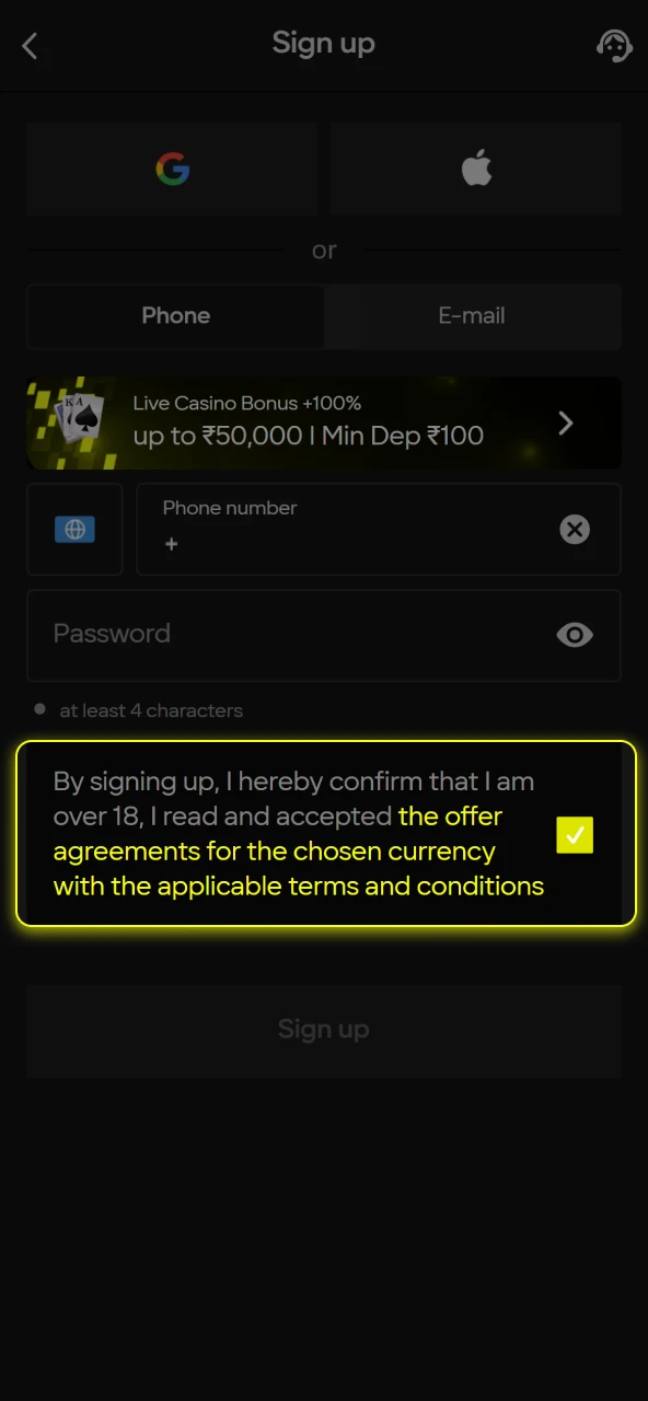 Accept the terms and conditions to complete registration on the official Parimatch website.