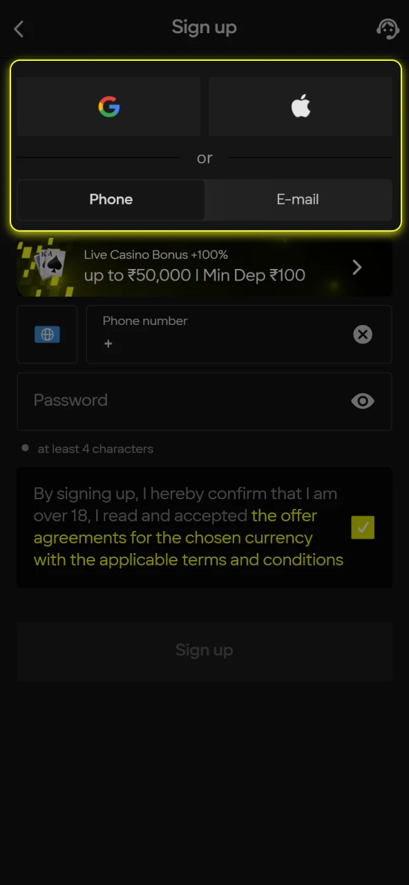 Choose a convenient registration method on the official Parimatch website to create an account.