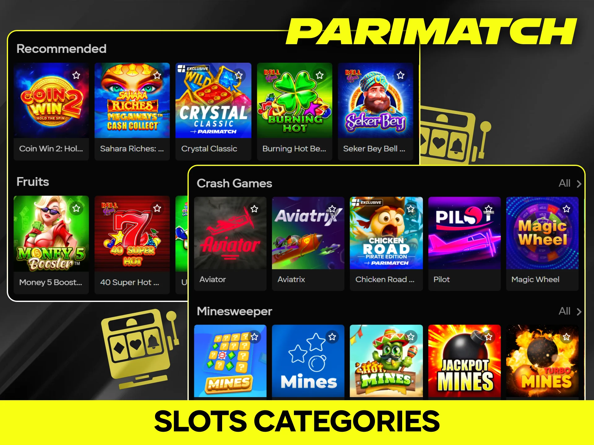 Explore diverse Parimatch slots categories with popular games.