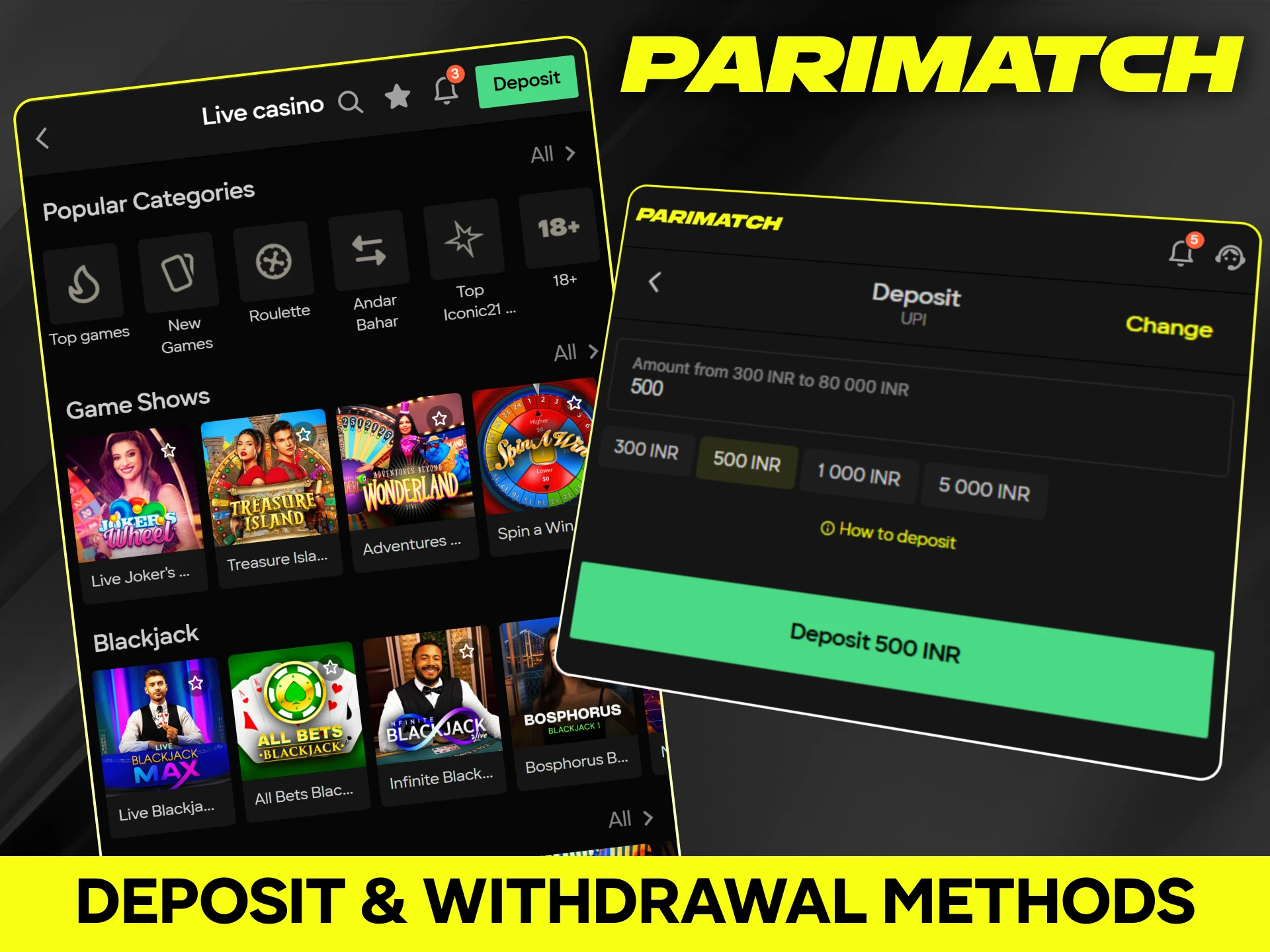 View deposit and withdrawal methods available on the official Parimatch platform.